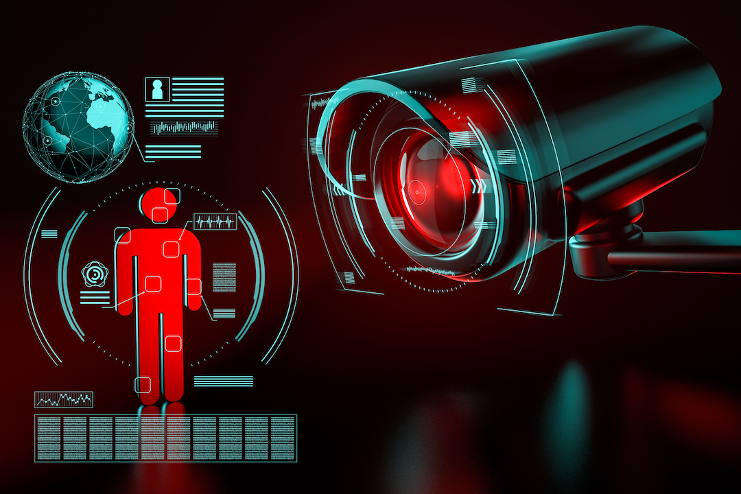 Surveillance security camera focused on human icon metaphor data collection red black